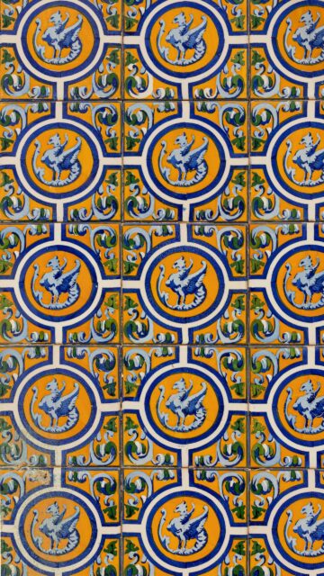 Blue and Yellow Mediterranean Ceramic Tile Pattern Wallpaper