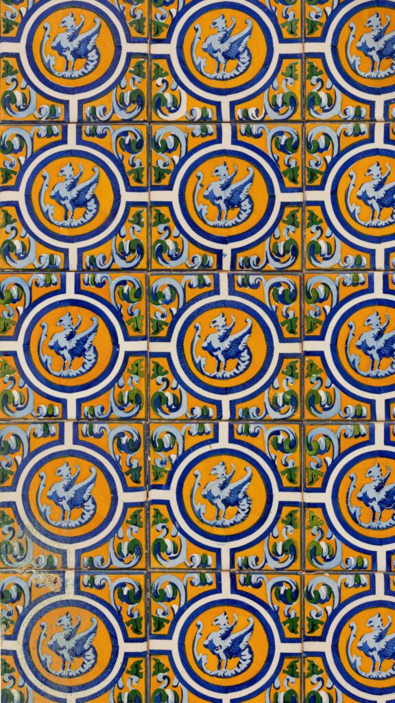 Blue and Yellow Mediterranean Ceramic Tile Pattern Wallpaper
