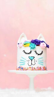 Cute Cat Birthday Cake with Floral Crown Pastel Phone Wallpaper