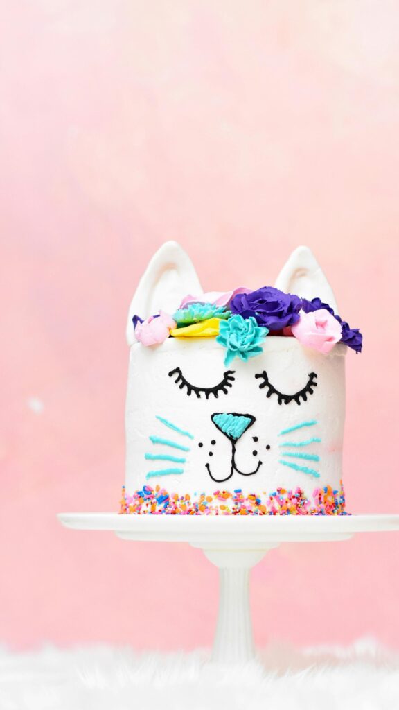 Cute Cat Birthday Cake with Floral Crown Pastel Phone Wallpaper