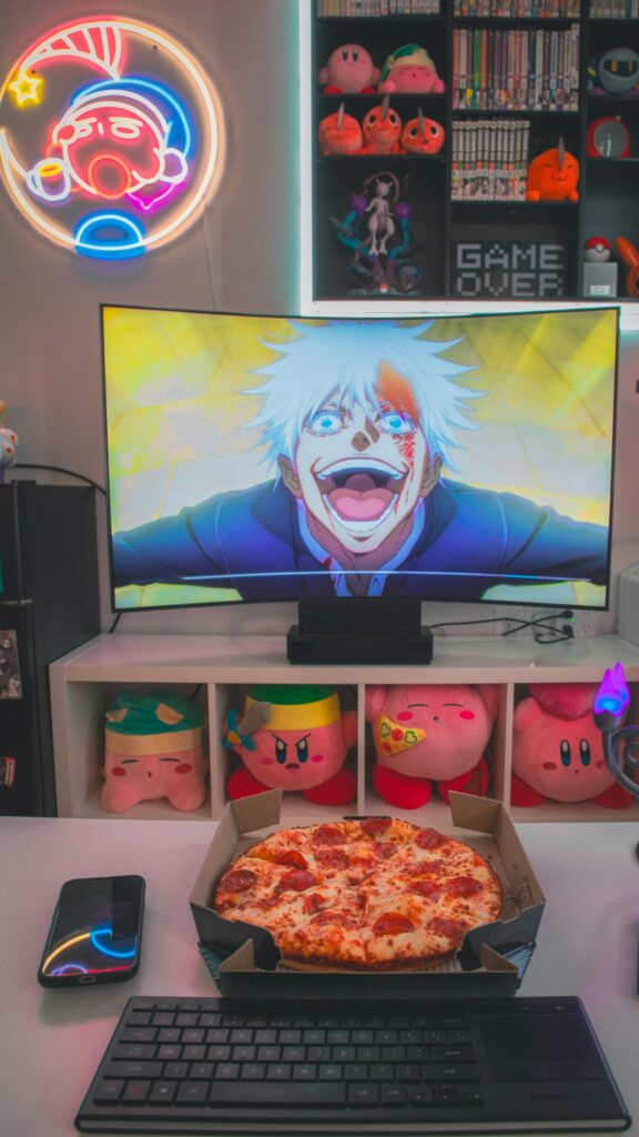 Gojo Satoru Anime Gaming Setup with Pizza Mobile Wallpaper