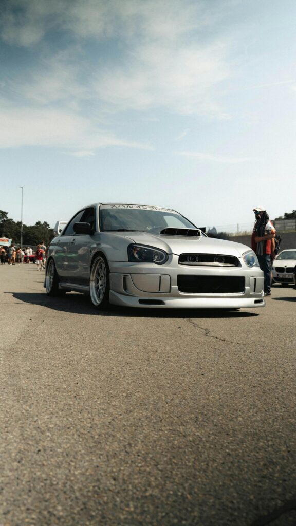 Silver Subaru Impreza WRX Stanced JDM Sports Car Mobile Wallpaper