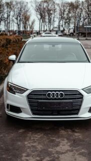 Sleek White Audi A3 Sedan Front View Premium Mobile Wallpaper