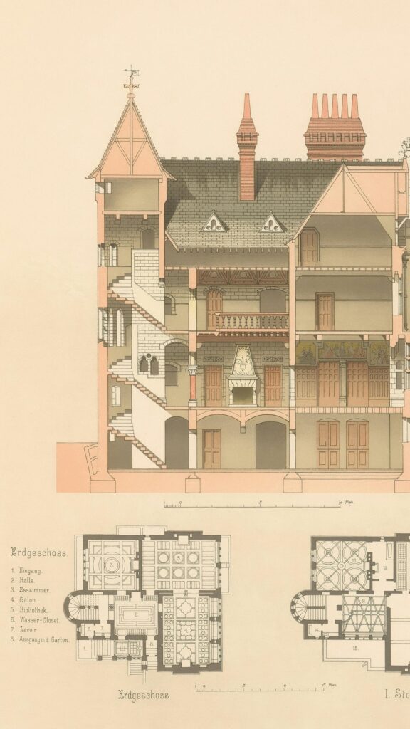 Vintage Victorian Architectural Cross-Section Blueprint Wallpaper