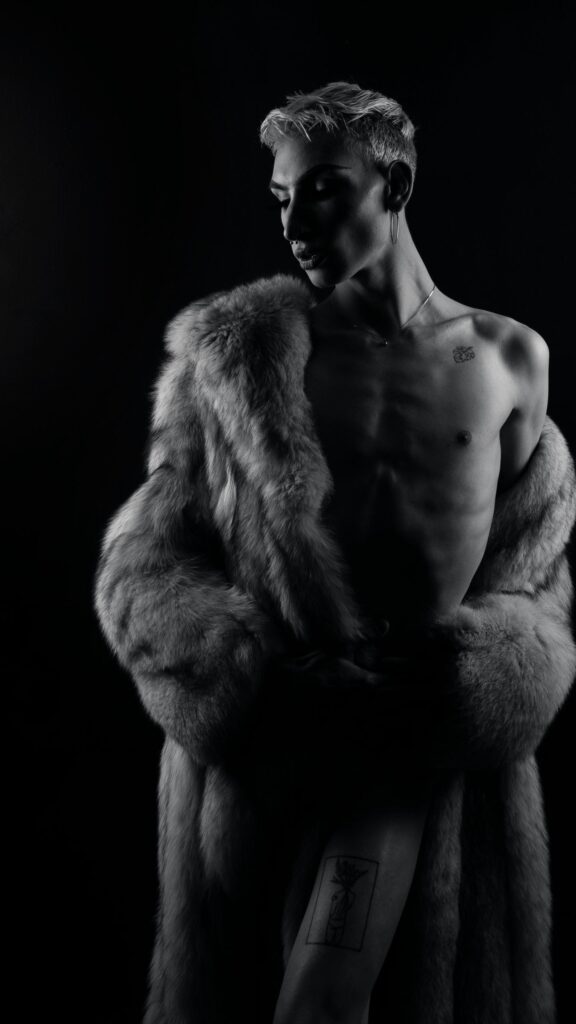 Androgynous Model in Fur Coat Black and White Aesthetic Wallpaper