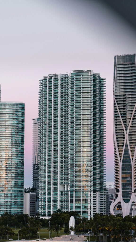 Modern Miami Skyscrapers at Sunset Cityscape Phone Wallpaper