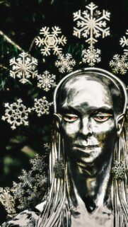 Silver Elven Queen with Glowing Red Eyes and Snowflake Crown Wallpaper