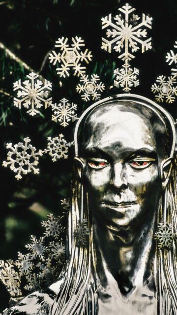 Silver Elven Queen with Glowing Red Eyes and Snowflake Crown Wallpaper