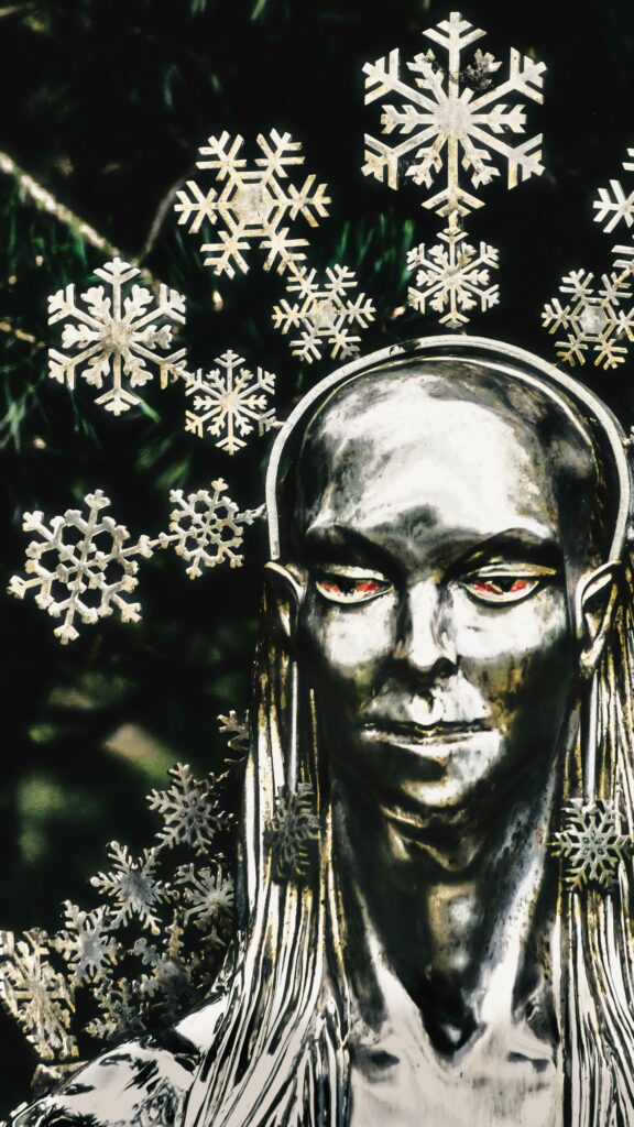 Silver Elven Queen with Glowing Red Eyes and Snowflake Crown Wallpaper