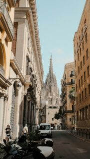 Stunning Gothic Cathedral Street View in Barcelona Mobile Wallpaper