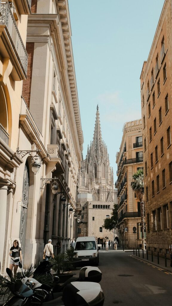 Stunning Gothic Cathedral Street View in Barcelona Mobile Wallpaper