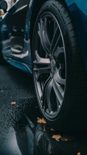 Audi R8 Sport Car Wheel in Rainy Autumn Street Mobile Wallpaper