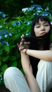 Asian Girl with Hydrangea Flowers Aesthetic Mobile Wallpaper