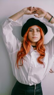 Aesthetic Redhead Girl in White Shirt and Black Hat Portrait Wallpaper