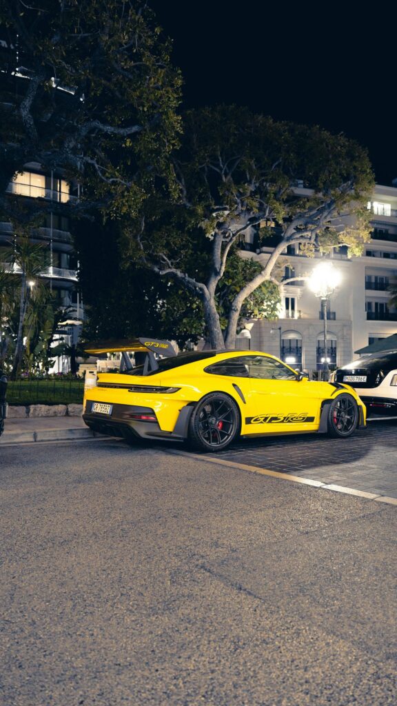 Yellow Porsche 911 GT3 RS Night City Street Luxury Sports Car Wallpaper