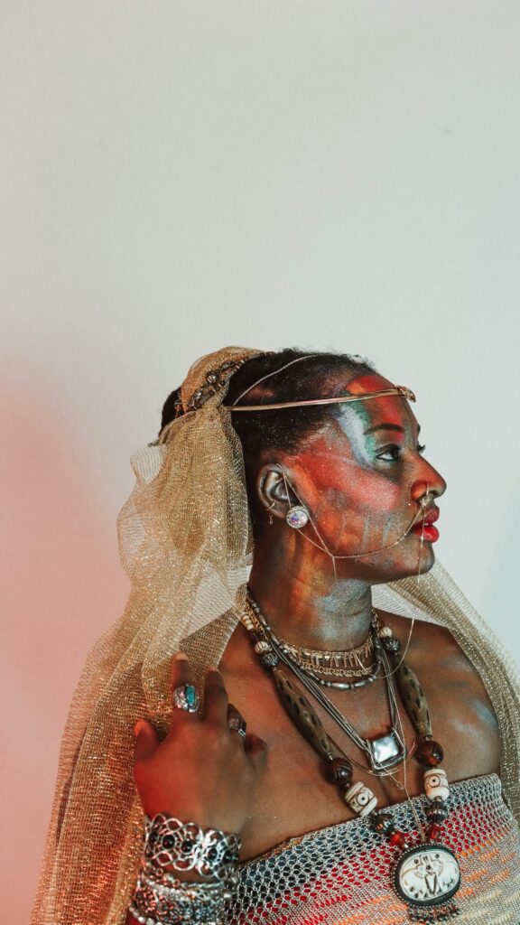 Fantasy Goddess Portrait with Gold Veil and Tribal Jewelry Mobile Wallpaper