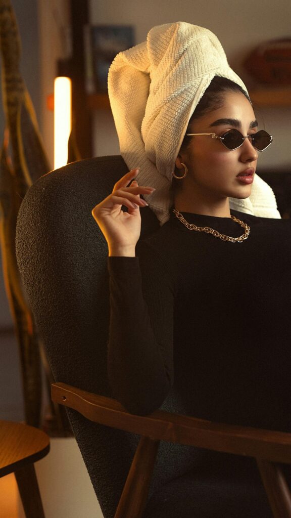 Elegant Woman in Sunglasses and Towel Turban High Quality Aesthetic Wallpaper