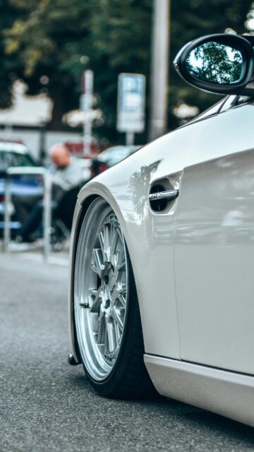 White BMW M3 Stanced Sports Car Close-up Premium Mobile Wallpaper