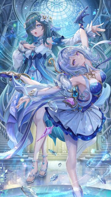 Stunning Anime Girl Dancers in Magical Crystal Hallway Wallpaper for Mobile