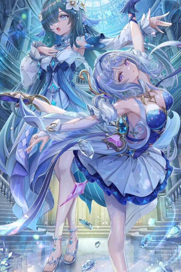 Stunning Anime Girl Dancers in Magical Crystal Hallway Wallpaper for Mobile