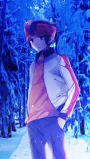 Anime Boy in Snowy Winter Forest Mobile Wallpaper – Premium Aesthetic Art
