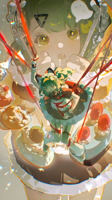 Anime Girl Floating Amidst Desserts High Quality Art Wallpaper for Mobile