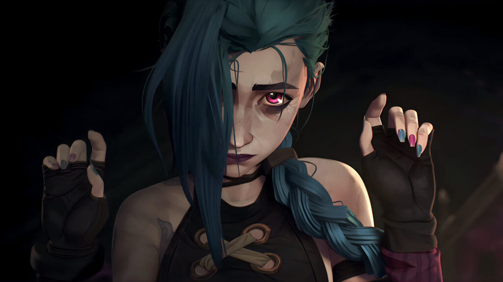 Saved this view of Jinx Arcane Close Up Portrait Dark Aesthetic 4K PC Wallpaper for the light and texture. I like how naturally it leaves room for icons.