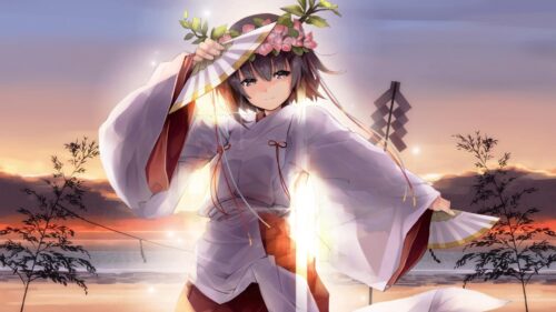 Girl, Fan, Wreath, Sunset, Beach Free Wallpapers Download