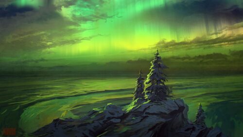 Northern Lights, Trees, Snowy Wallpapers Free Download