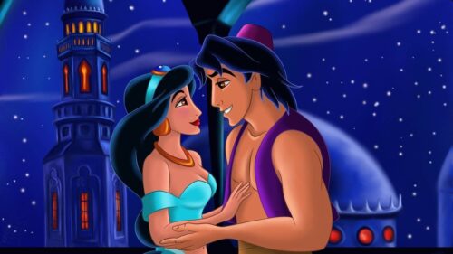 Magical Aladdin and Jasmine Flying on Magic Carpet Above Agrabah 4K Desktop Wallpaper