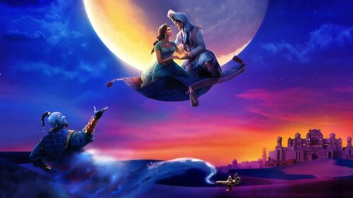 Magical Aladdin and Jasmine Flying on Magic Carpet Above Agrabah 4K Desktop Wallpaper