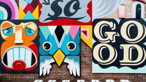 Vibrant Abstract Street Art Mural With Owl and Graphic Letters 4K Wallpaper