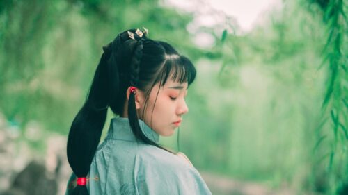 Asian Girl in Traditional Chinese Hanfu Serene Garden PC Wallpaper