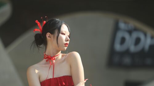 Stunning Asian Fashion Model in Red Dress Portrait 4K Desktop Wallpaper