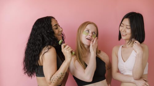Three Diverse Women Enjoying Beauty Skincare Routine 4K Desktop Wallpaper