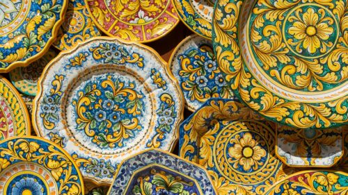 Vibrant Italian Majolica Ceramic Plates Pattern 4K Desktop Wallpaper