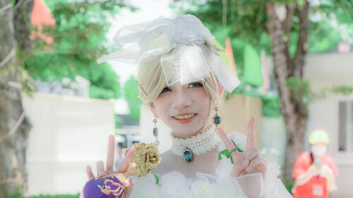 Stunning Anime Cosplay Girl with White Floral Dress 4K Wallpaper
