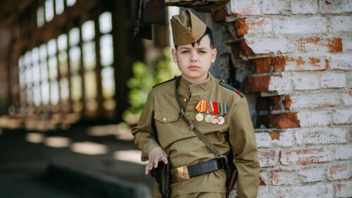 Young Soldier in Soviet Uniform Historical Cosplay Desktop Wallpaper