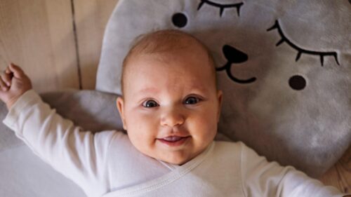 Adorable Smiling Baby on Soft Gray Animal Mat Desktop Wallpaper
