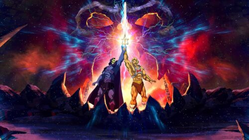 Epic He-Man and Skeletor Battle Masters of the Universe 4K Desktop Wallpaper