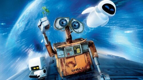 Wall-E and Eve Holding Hands in Space Romantic 4K Desktop Wallpaper