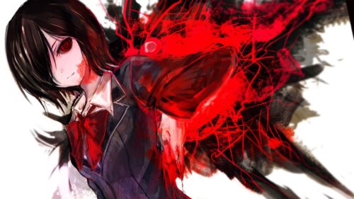 Dark Anime Girl with Red Glowing Aura and Ink Art Style 4K Wallpaper