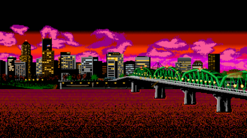Retro Pixel Art City Skyline Sunset with River Bridge PC Wallpaper