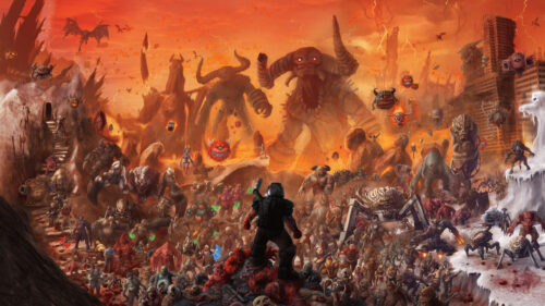 Epic Doom Slayer Standing Against Hellish Demon Horde 4K Wallpaper