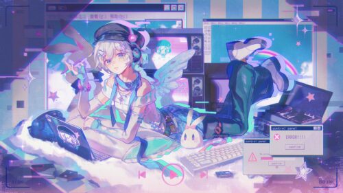 Aesthetic Anime Girl with Retro Tech and Vaporwave Glitch Style 4K Wallpaper