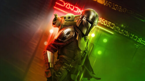 The Mandalorian and Grogu Cinematic Neon 4K Desktop Wallpaper