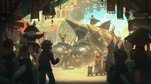 Fantasy Marketplace Adventure with Exotic Creatures and Warriors PC Wallpaper
