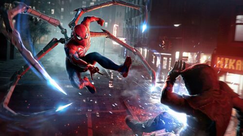 Spider-Man with Mechanical Arms Fighting in New York City 4K Wallpaper