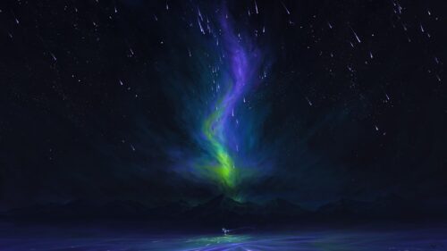 Lone Wanderer Under A Radiant Aurora Borealis Desktop Wallpaper