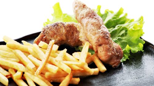 Delicious Roasted Chicken and Crispy French Fries Desktop Wallpaper